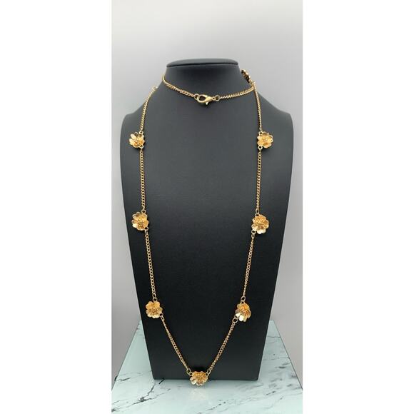 Gold Tone Long Chain Link Necklace With Pretty Flower Stations - Picture 1 of 4